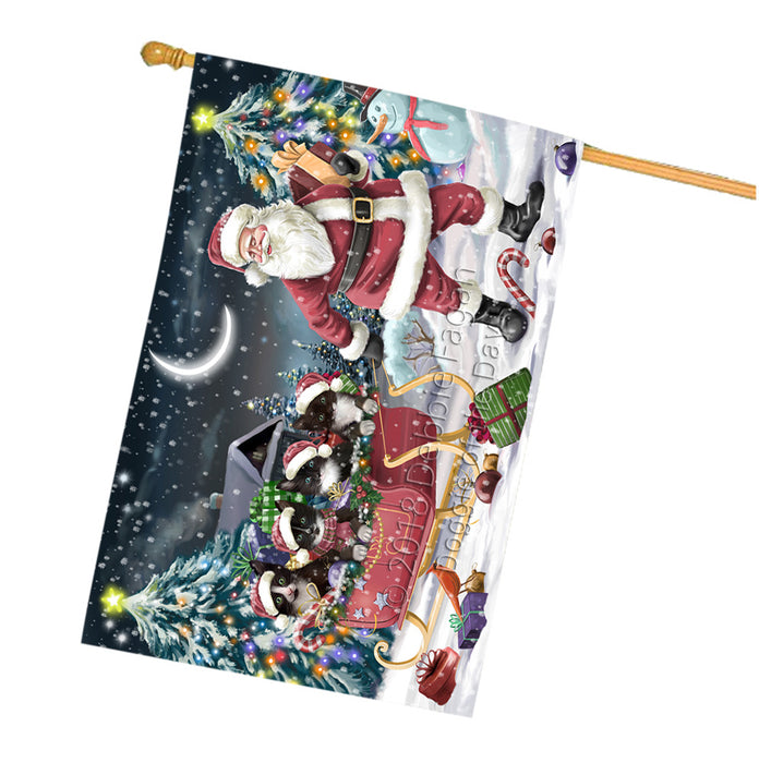 Santa Sled Dogs Christmas Happy Holidays Tuxedo Cats House Flag FLG51859