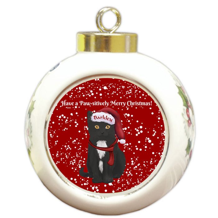 Custom Personalized Pawsitively Tuxedo Cat Merry Christmas Round Ball Ornament