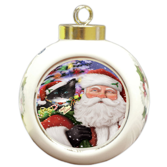 Santa Carrying Tuxedo Cat and Christmas Presents Round Ball Christmas Ornament RBPOR53707