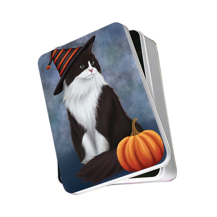 Happy Halloween Tuxedo Cat Wearing Witch Hat with Pumpkin Photo Storage Tin PITN54775