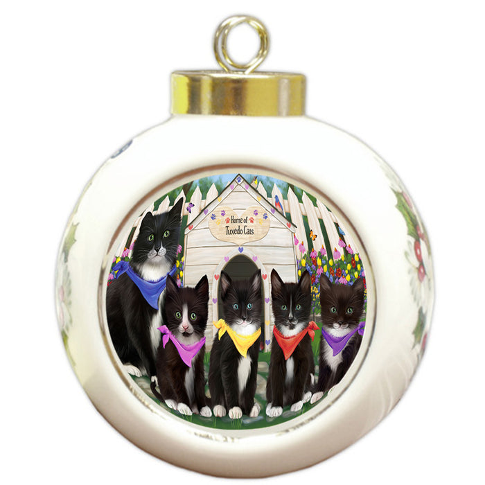 Spring Dog House Tuxedo Cats Round Ball Christmas Ornament RBPOR52215