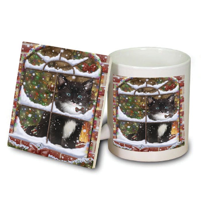 Please Come Home For Christmas Tuxedo Cat Sitting In Window Mug and Coaster Set MUC53642
