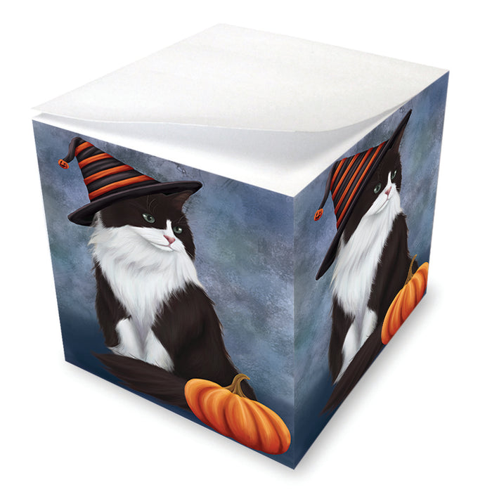 Happy Halloween Tuxedo Cat Wearing Witch Hat with Pumpkin Note Cube NOC56478