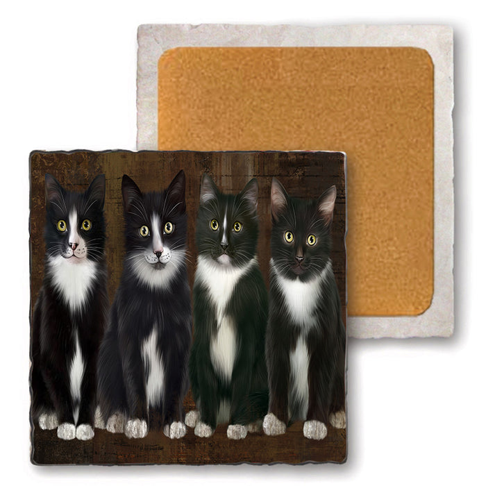 Rustic 4 Tuxedo Cats Set of 4 Natural Stone Marble Tile Coasters MCST49373