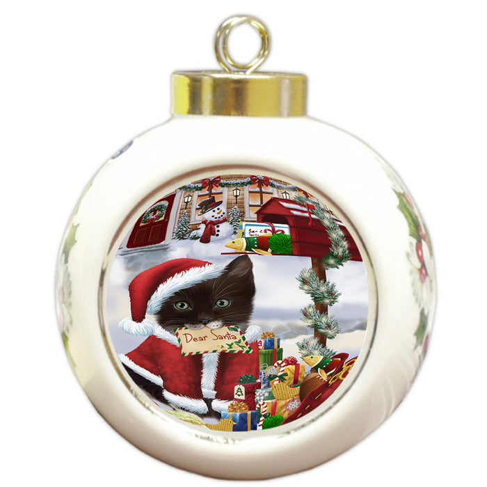 Tuxedo Cat Dear Santa Letter Christmas Holiday Mailbox Round Ball Christmas Ornament RBPOR53557