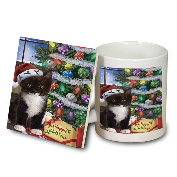 Christmas Happy Holidays Tuxedo Cat with Tree and Presents Mug and Coaster Set MUC53468