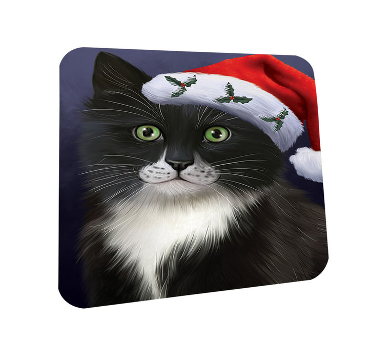 Christmas Holidays Tuxedo Cat Wearing Santa Hat Portrait Head Coasters Set of 4 CST53464