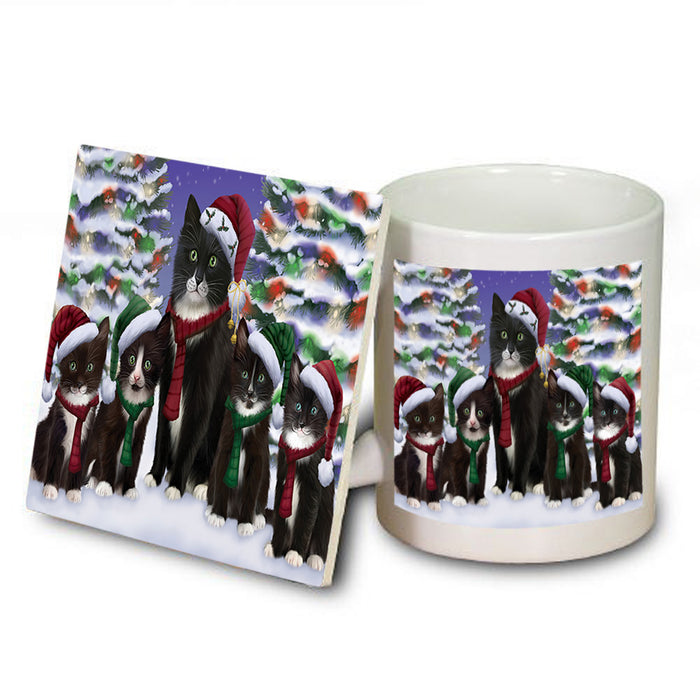Tuxedo Cats Christmas Family Portrait in Holiday Scenic Background  Mug and Coaster Set MUC52713