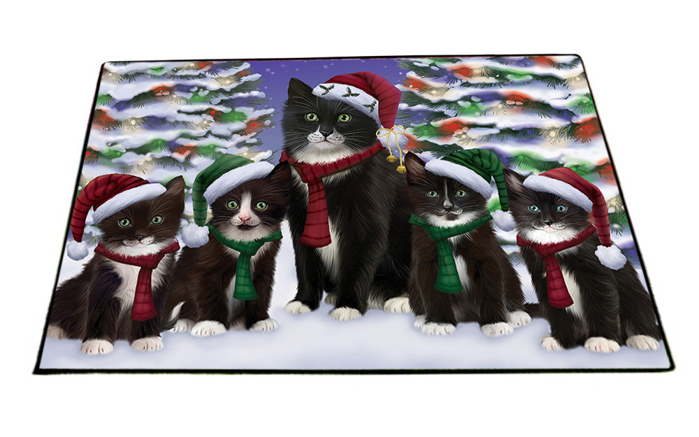 Tuxedo Cats Christmas Family Portrait in Holiday Scenic Background Floormat FLMS51960