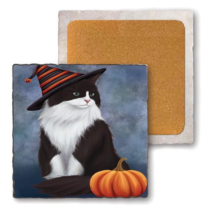 Happy Halloween Tuxedo Cat Wearing Witch Hat with Pumpkin Set of 4 Natural Stone Marble Tile Coasters MCST49832