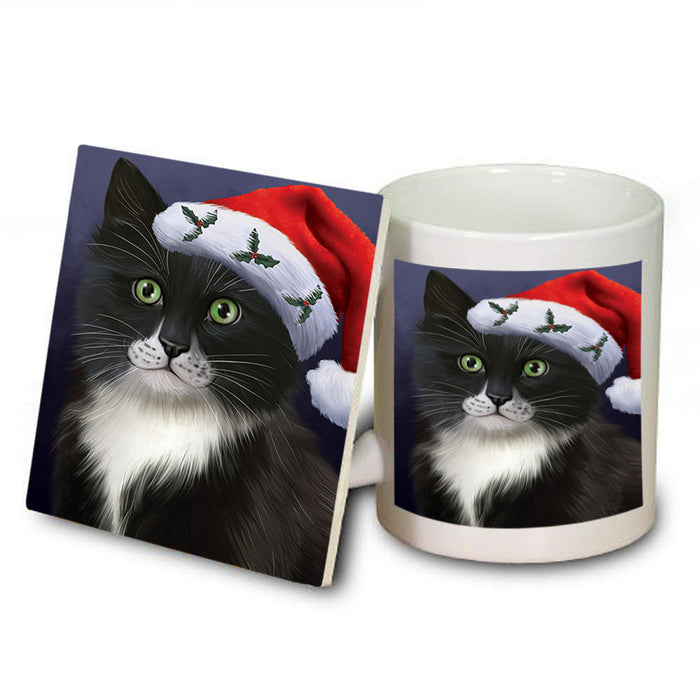 Christmas Holidays Tuxedo Cat Wearing Santa Hat Portrait Head Mug and Coaster Set MUC53498