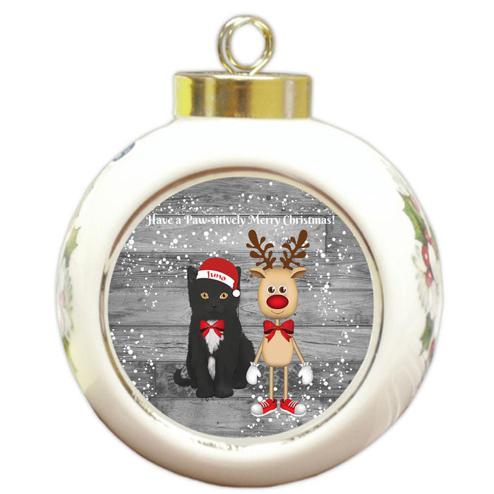 Custom Personalized Tuxedo Cat Reindeer and Pooch Christmas Round Ball Ornament