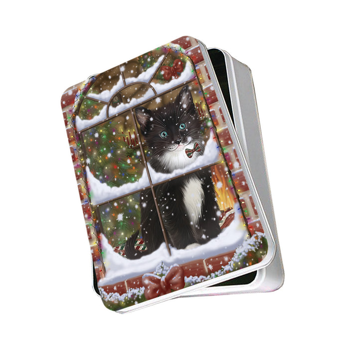 Please Come Home For Christmas Tuxedo Cat Sitting In Window Photo Storage Tin PITN57564