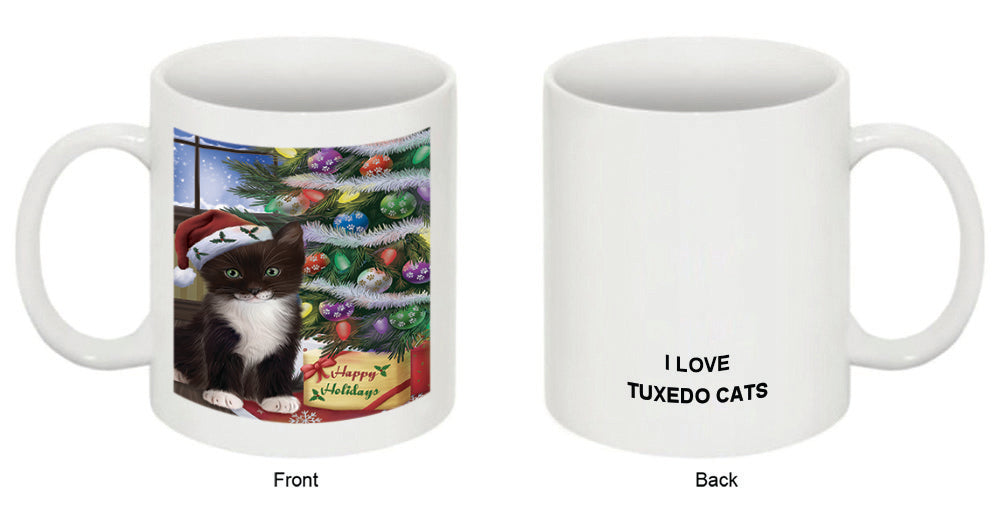 Christmas Happy Holidays Tuxedo Cat with Tree and Presents Coffee Mug MUG48874