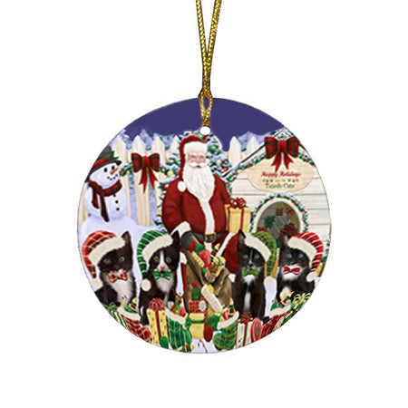 Christmas Dog House Tuxedo Cats Round Flat Christmas Ornament RFPOR52602