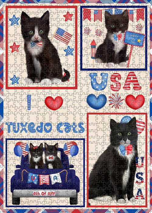4th of July Independence Day I Love USA Tuxedo Cats Portrait Jigsaw Puzzle for Adults Animal Interlocking Puzzle Game Unique Gift for Dog Lover's with Metal Tin Box