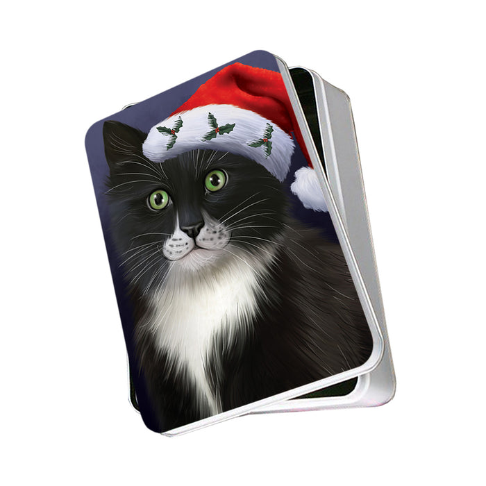 Christmas Holidays Tuxedo Cat Wearing Santa Hat Portrait Head Photo Storage Tin PITN53506