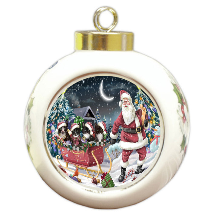 Santa Sled Dogs Christmas Happy Holidays Tuxedo Cats Round Ball Christmas Ornament RBPOR51726