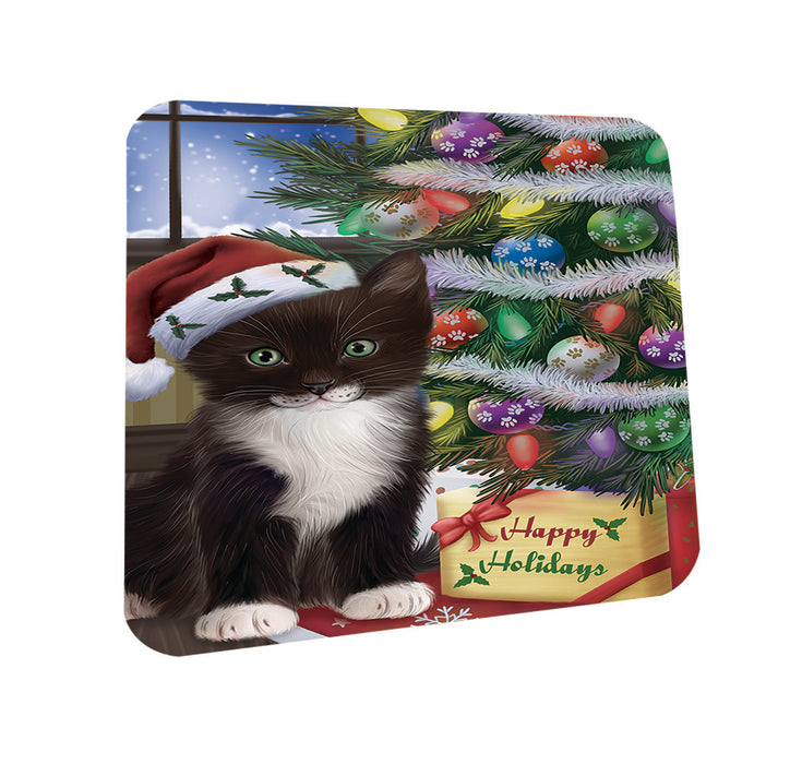 Christmas Happy Holidays Tuxedo Cat with Tree and Presents Coasters Set of 4 CST53434