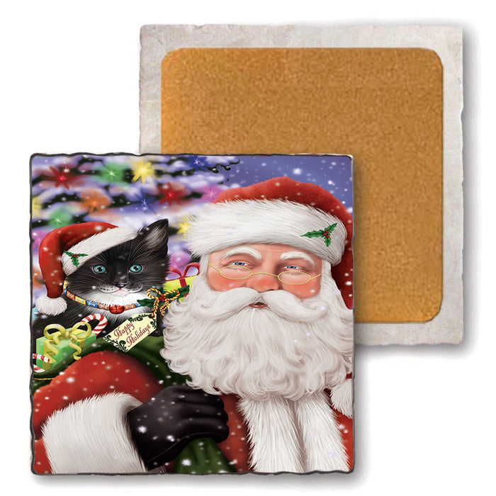 Santa Carrying Tuxedo Cat and Christmas Presents Set of 4 Natural Stone Marble Tile Coasters MCST48707