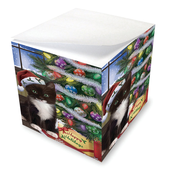 Christmas Happy Holidays Tuxedo Cat with Tree and Presents Note Cube NOC55122