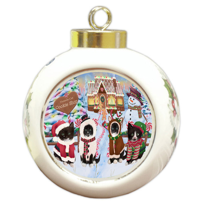 Holiday Gingerbread Cookie Shop Tuxedo Cats Round Ball Christmas Ornament RBPOR56984