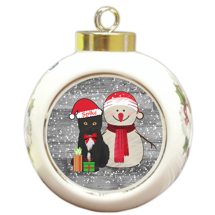 Custom Personalized Snowy Snowman and Tuxedo Cat Christmas Round Ball Ornament