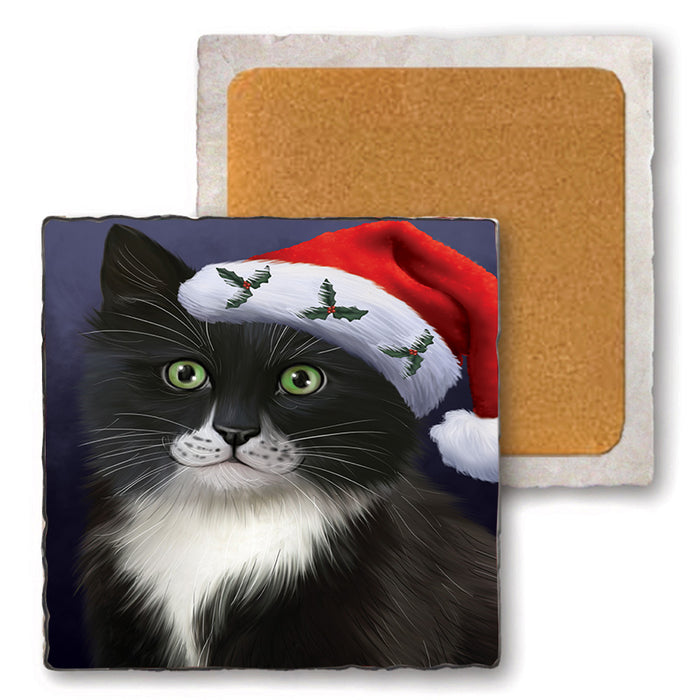 Christmas Holidays Tuxedo Cat Wearing Santa Hat Portrait Head Set of 4 Natural Stone Marble Tile Coasters MCST48506