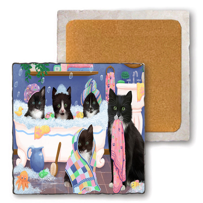 Rub A Dub Dogs In A Tub Tuxedo Cats Set of 4 Natural Stone Marble Tile Coasters MCST51831