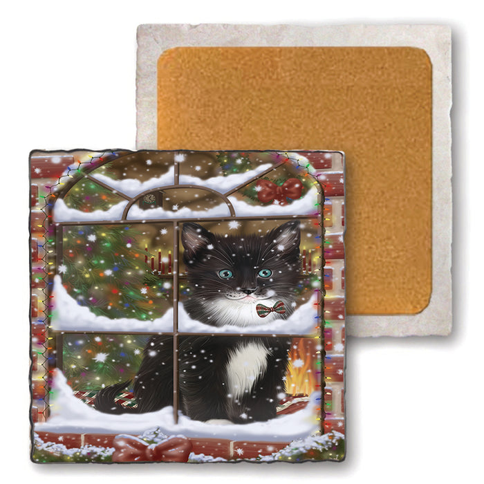 Please Come Home For Christmas Tuxedo Cat Sitting In Window Set of 4 Natural Stone Marble Tile Coasters MCST48650