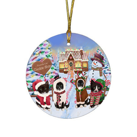 Holiday Gingerbread Cookie Shop Tuxedo Cats Round Flat Christmas Ornament RFPOR56984