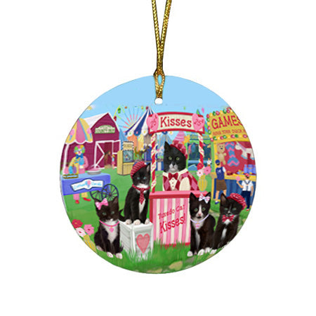 Carnival Kissing Booth Tuxedo Cats Round Flat Christmas Ornament RFPOR56402