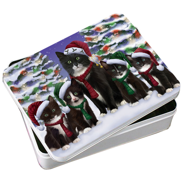 Tuxedo Cats Christmas Family Portrait in Holiday Scenic Background Photo Storage Tin PITN52721