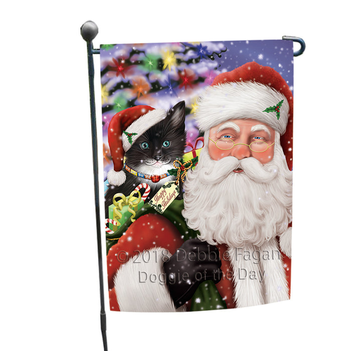Santa Carrying Tuxedo Cat and Christmas Presents Garden Flag GFLG53769