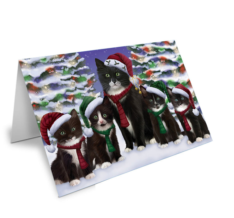 Tuxedo Cats Christmas Family Portrait in Holiday Scenic Background Handmade Artwork Assorted Pets Greeting Cards and Note Cards with Envelopes for All Occasions and Holiday Seasons GCD62192