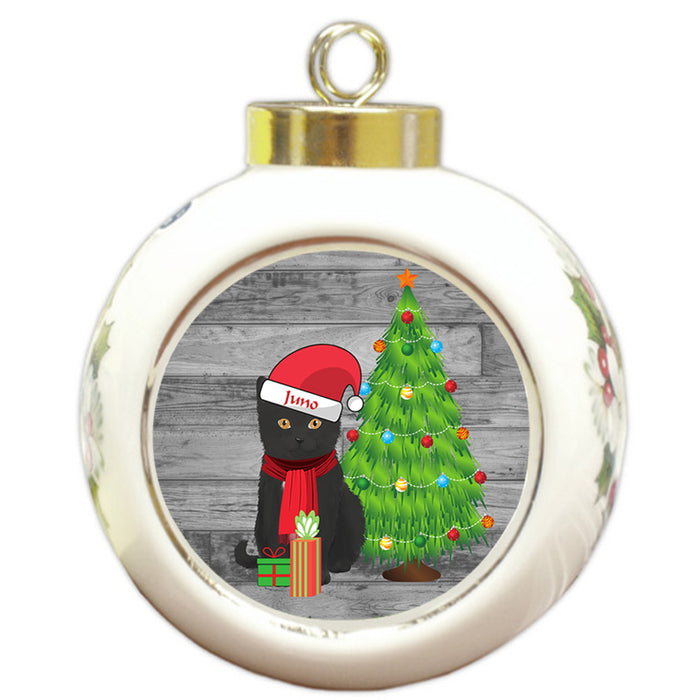 Custom Personalized Tuxedo Cat With Tree and Presents Christmas Round Ball Ornament