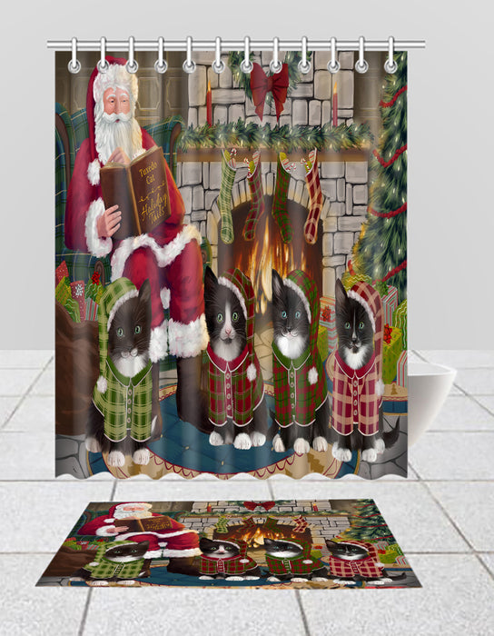 Christmas Cozy Holiday Fire Tails Tuxedo Cats Bath Mat and Shower Curtain Combo