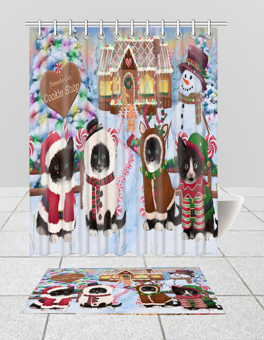 Holiday Gingerbread Cookie Tuxedo Cats  Bath Mat and Shower Curtain Combo