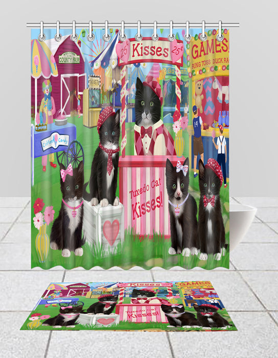 Carnival Kissing Booth Tuxedo Cats Bath Mat and Shower Curtain Combo