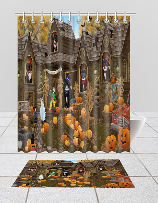 Haunted House Halloween Trick or Treat Tuxedo Cats  Bath Mat and Shower Curtain Combo