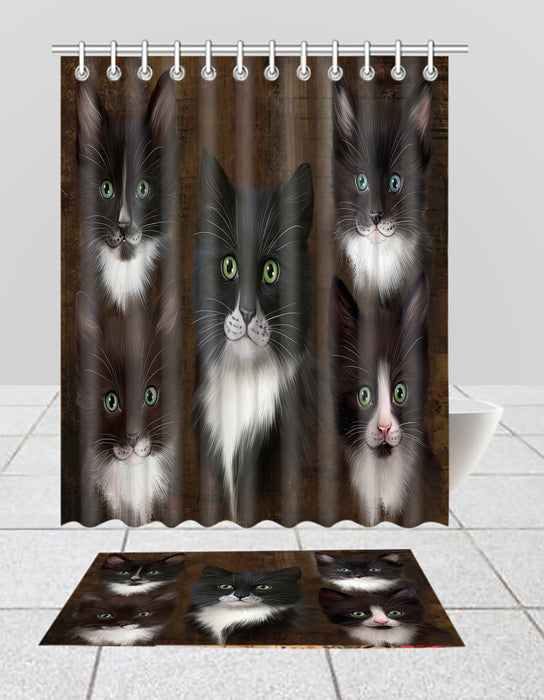 Rustic Tuxedo Cats Bath Mat and Shower Curtain Combo