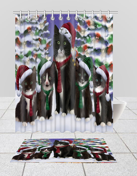 Tuxedo Cats Christmas Family Portrait in Holiday Scenic Background  Bath Mat and Shower Curtain Combo