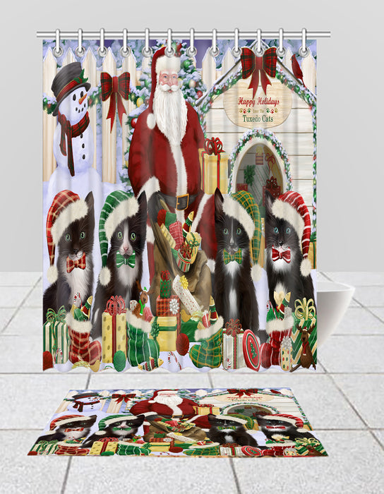 Happy Holidays Christmas Tuxedo Cats House Gathering Bath Mat and Shower Curtain Combo