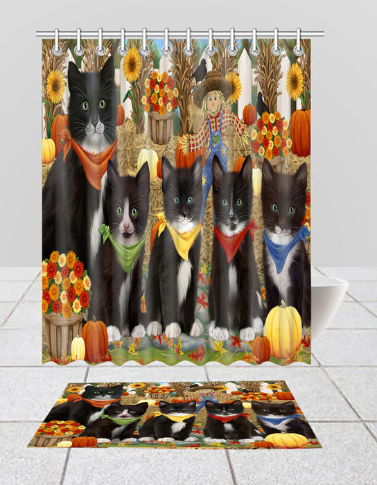 Fall Festive Harvest Time Gathering Tuxedo Cats Bath Mat and Shower Curtain Combo