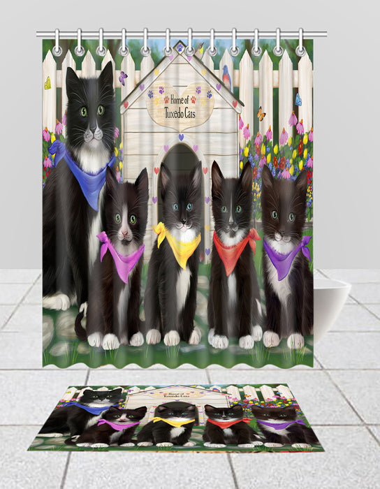 Spring Dog House Tuxedo Cats Bath Mat and Shower Curtain Combo