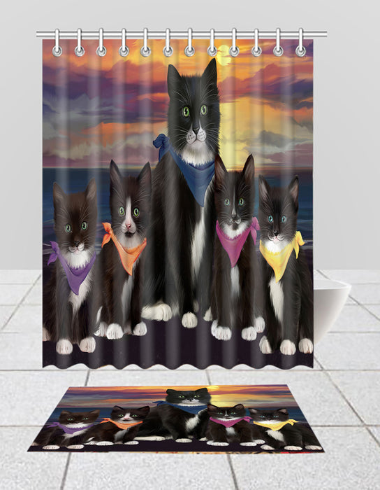 Family Sunset Portrait Tuxedo Cats Bath Mat and Shower Curtain Combo