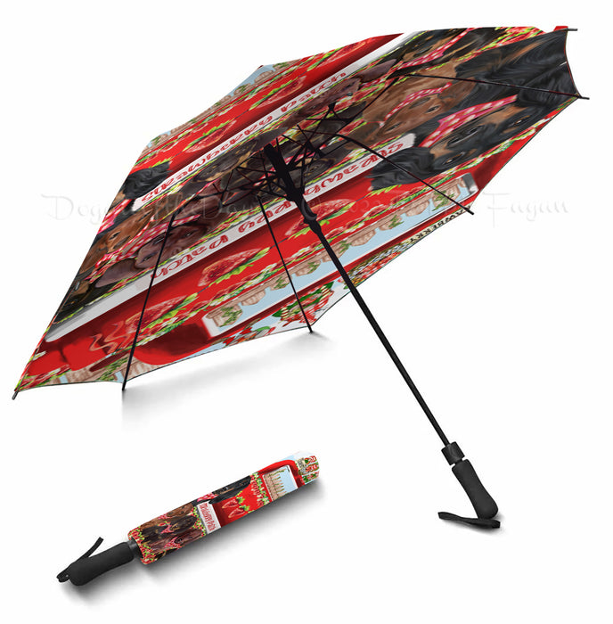 Strawberry Patch with Gnomes Dachshund Dog Grey Semi-Automatic Foldable Umbrella