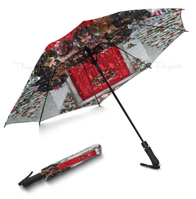 Christmas Holiday Welcome Red Door Dachshund Dog Grey Semi-Automatic Foldable Umbrella