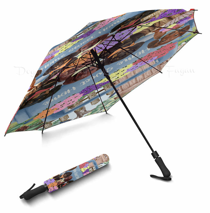 Rhododendron Home Sweet Home Garden Blue Truck Dachshund Dog Grey Semi-Automatic Foldable Umbrella