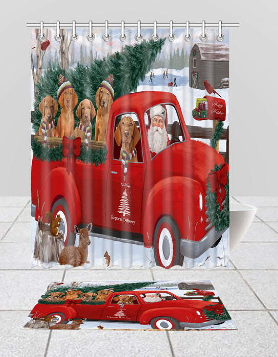 Christmas Santa Express Delivery Red Truck Vizsla Dogs Bath Mat and Shower Curtain Combo